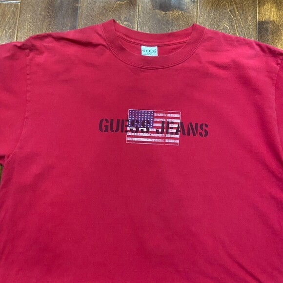 Guess Jeans USA 90s Flag Logo Vintage Cotton Red T-Shirt Men's Size XL - Picture 2 of 7